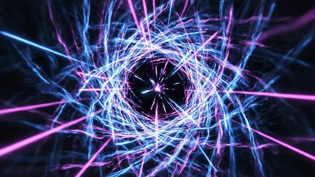 Seamless loop of vibrant neon blue and magenta light streaks quickly tracing across a dark abstract void creating a persistent afterimage trail effect commercial, desktop, technology
