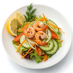 Fresh gourmet shrimp and avocado salad meal on white plate for healthy lunch