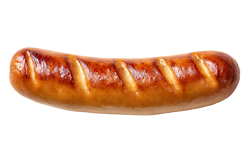 A single perfectly grilled sausage with visible grill marks on a black background