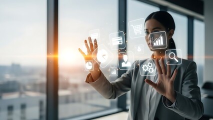 Businesswoman Interacting with Futuristic Digital Interface