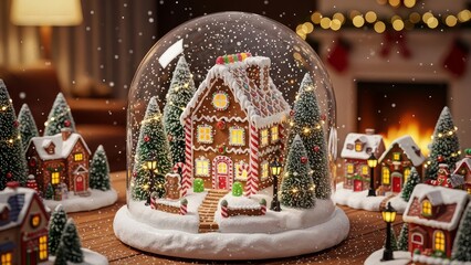 Naklejka premium A festive christmas scene featuring a gingerbread house inside a snow globe decoration christams photos 