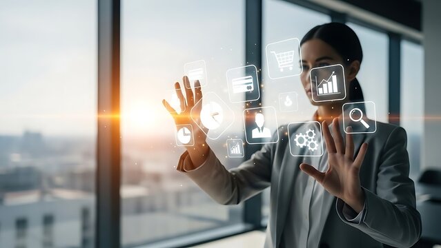 Businesswoman Interacting with Futuristic Digital Interface