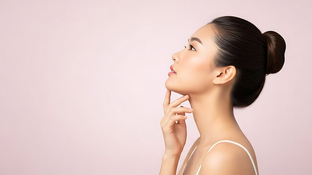 Beautiful young woman's face in profile, skin care and beauty concepts