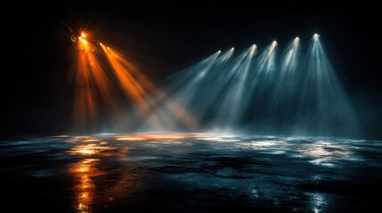 Dramatic stage with spotlights and reflections creating a dynamic and moody atmosphere