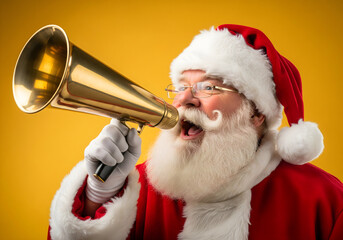 Santa Claus with a megaphone in his hand closeup on yellow background