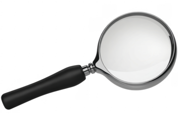 A classic black handled magnifying glass with a shiny metal rim and clear lens isolated on a transparent background