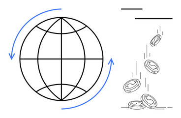 Globe with rotation arrows and coins falling, signifying global trade, economy, currency, fintech, globalization, digital payments, finance. Ideal for commerce fintech economy global trade