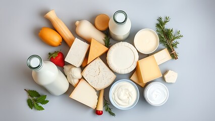 An artistic arrangement of fresh dairy products including milk, cheese, and yogurt.