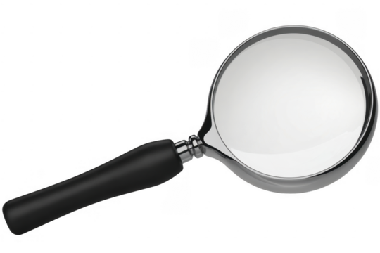 A classic black handled magnifying glass with a shiny metal rim and clear lens isolated on a transparent background - Powered by Adobe