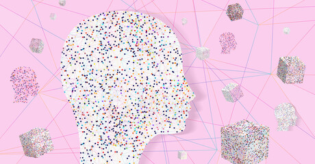 Artificial Intelligence Head with Blockchain Cubes and Network on Pink