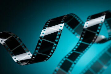 Close up of a curved traditional photographic film strip with a blue background highlighting