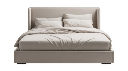 A modern beige upholstered bed with white linens and pillows isolated on a transparent background