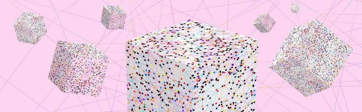 Wide format block chain tech cube illustration on pink background