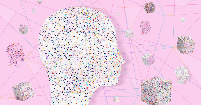 Artificial Intelligence Head with Blockchain Cubes and Network on Pink