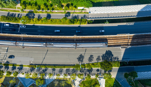 Top view of urban metro train on elevated railway