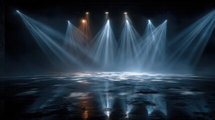 Stage illuminated by spotlights with reflections in a wet floor, dark atmosphere