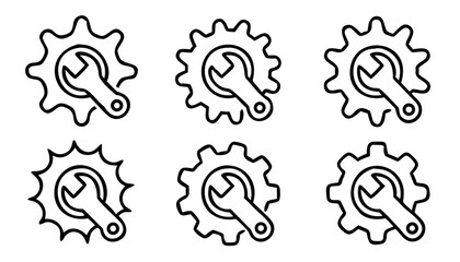 wrench with gear icon set in line style, Service tool symbol, setting sign, isolated on white background, vector illustration