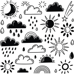 Black And White Hand Drawn Weather Icons Including Rainbow
