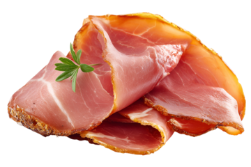 Thinly sliced smoked ham with fresh parsley garnish on a black background