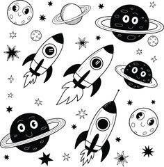 Cartoon Space Objects and Rockets Doodle Art Keywords: space, rocket, planet, stars, moon