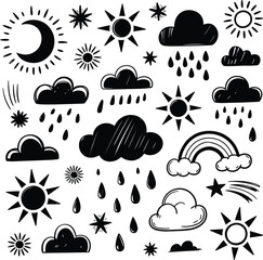 Doodle Style Weather Icons In Black And White With Moon