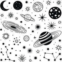 Hand Drawn Space Elements Collection Black and White