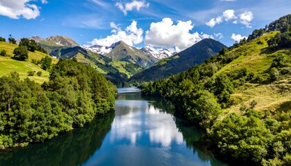 Serene mountain landscape with a calm lake and bright blue sky