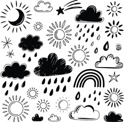 Hand drawn weather icons and symbols in black and white Keywords: sun, cloud, rain, rainbow