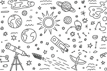 Hand- Drawn Space Scene with Telescope and Rocket Keywords: space, rocket, planet, stars, sun