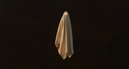 Mysterious Figure Draped in a Cloth Amidst a Dark Backdrop