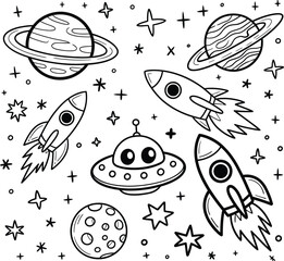 Whimsical Space Doodle with Rockets and UF Os Keywords: space, rocket, planet, stars, moon