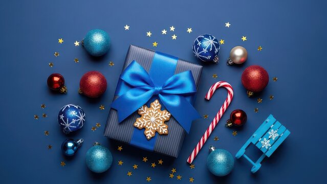 Festive overhead view of a blue ribbon tied gift box surrounded by christmas ornaments and candy canes on a dark blue background - Powered by Adobe
