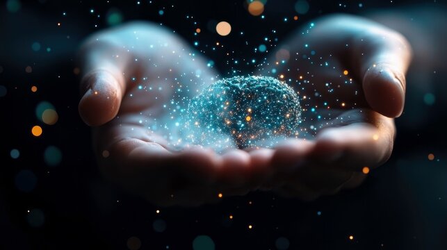 A close-up shot of a hand cupping a glowing sphere of light, with a dark background and bokeh effect.