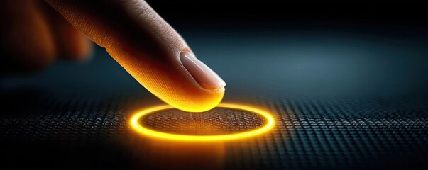 Finger pressing go button with orange light concept. Finger pressing a glowing interactive touch screen button.