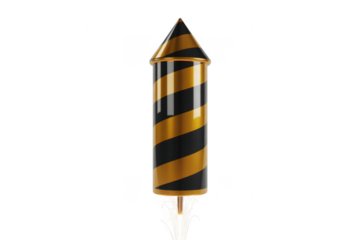 A striped golden and black rocket firework with sparks emerging from its base isolated on a transparent background