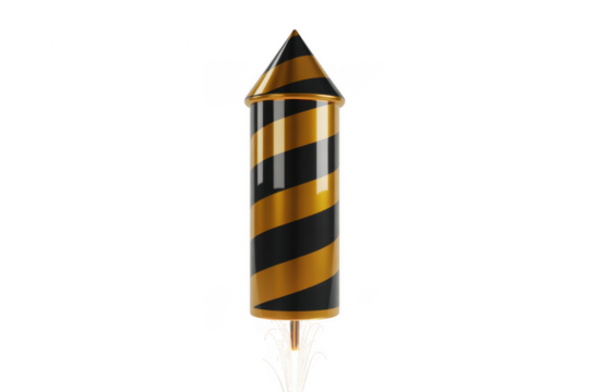 A striped golden and black rocket firework with sparks emerging from its base isolated on a transparent background - Powered by Adobe