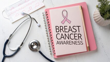 Breast Cancer Awareness Campaign with Medical Equipment on Table and Pink Ribbon Symbolizing Health and Hope