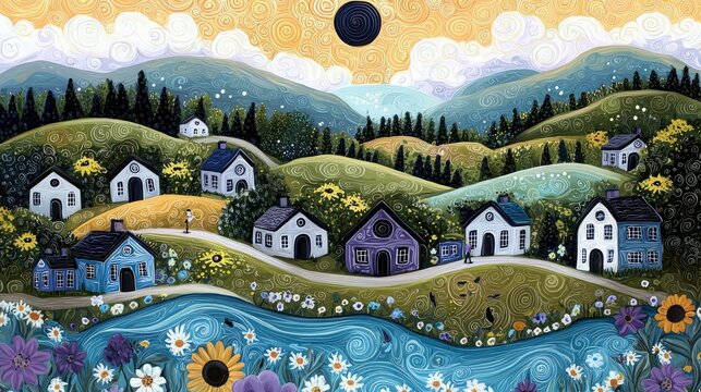 A colorful painting of a village with houses, hills, a river, and flowers under a sunny sky.