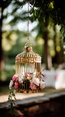 Obraz premium A gold birdcage filled with flowers hangs from a chain, with a blurred background of greenery, creating a soft and romantic atmosphere.