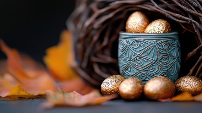 A still life composition featuring golden eggs displayed in a decorative vase, surrounded by autumn leaves and a woven nest, creating a moody atmosphere.