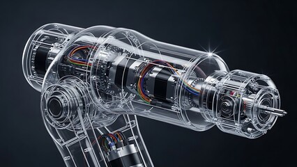 Obraz premium Elegant transparent robotic arm reveals intricate mechanics for automation projects and industrial design innovation with colorful wiring details
