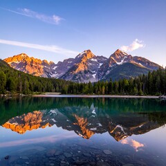 Obraz premium Serene mountain landscape with lake and reflections under clear skies
