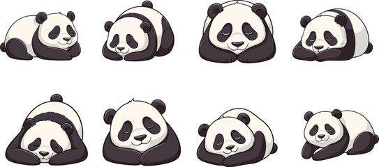 Cute cartoon panda sleeping poses collection, adorable resting bear illustrations, relaxing wildlife animal characters on clean white background for stock use © Arman Creative