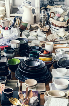 Various tableware displayed on a wooden table