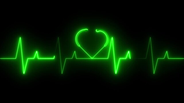 Neon heartbeat line with glowing stethoscope heart animation on dark background, medical cardiology pulse monitor, neon ECG line health check graphic, loop able healthcare animation