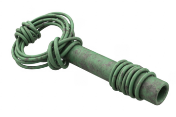Aged green metal key with tangled wire loop and textured shaft isolated on a transparent background