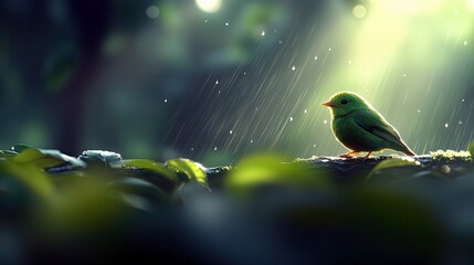 A small green bird perched on a branch in a lush forest during a rain shower. The scene is illuminated by sunlight breaking through the rain.