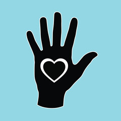 Black hand silhouette with white heart on light blue background