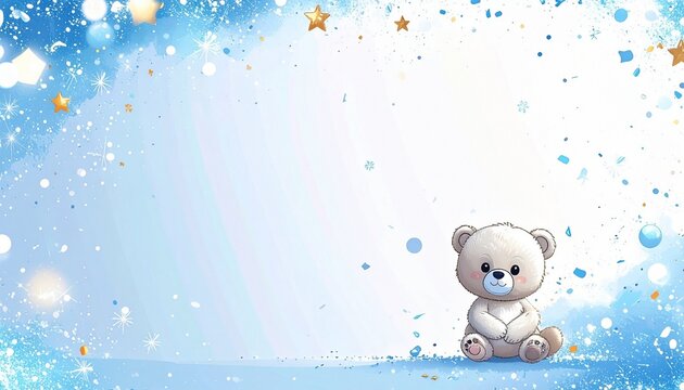 Charming cartoon teddy bear on a gentle blue watercolor backdrop with golden stars and bokeh, ideal for a boy's birth announcement - Powered by Adobe