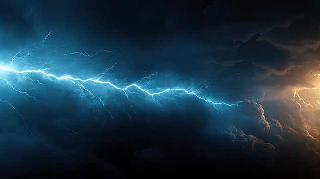 A bright blue lightning bolt streaks across a dark, stormy sky filled with ominous clouds. The image captures the power and drama of a thunderstorm at night.